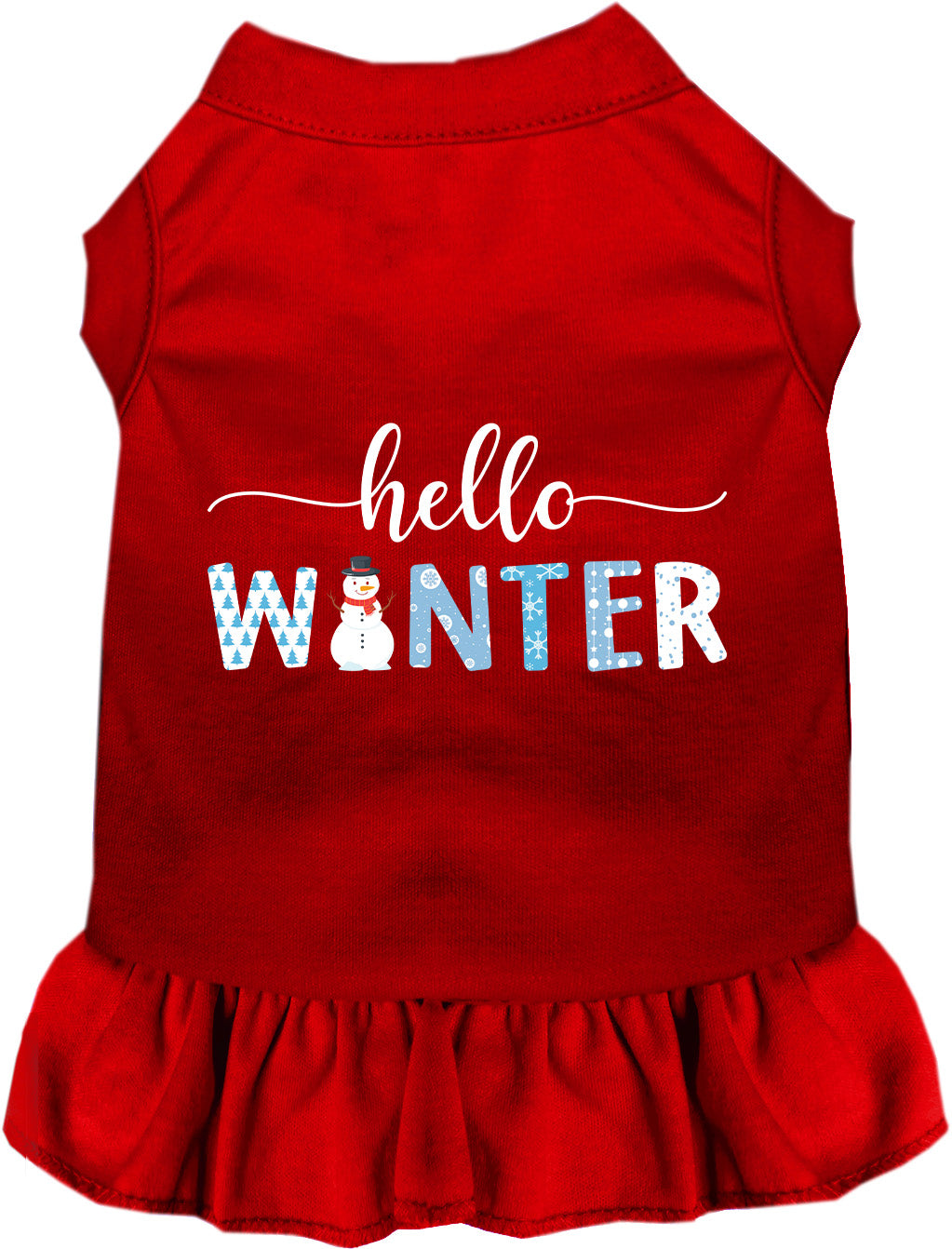 Red Hello Winter pet dress with snowman design