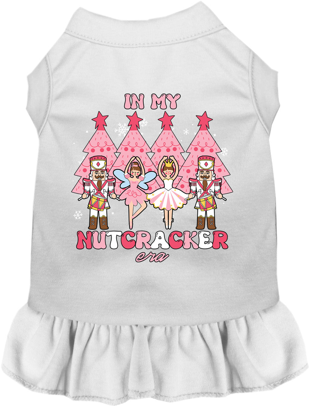 White Nutcracker Era pet dress with ruffled skirt