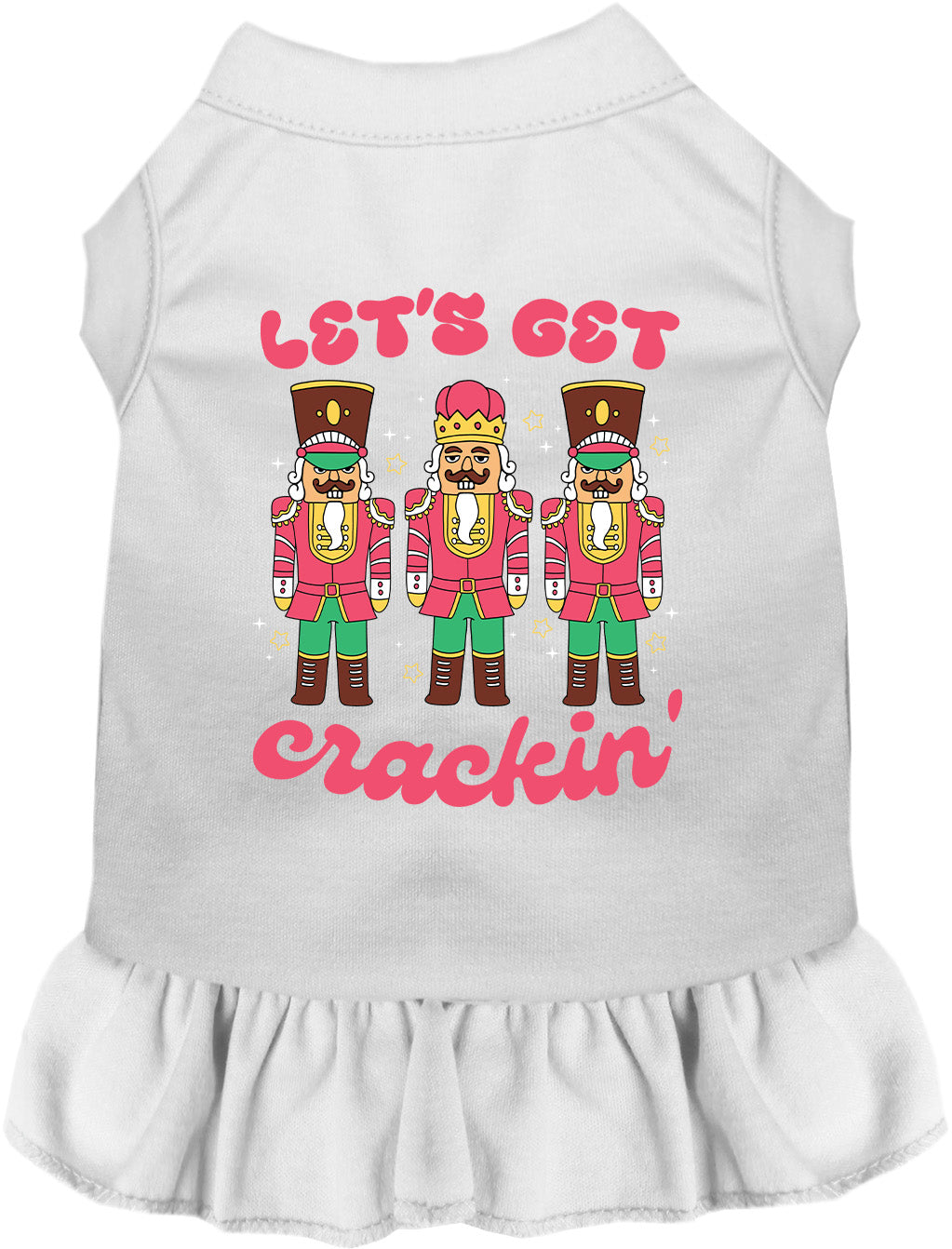 White Let's Get Crackin' pet dress with nutcracker design