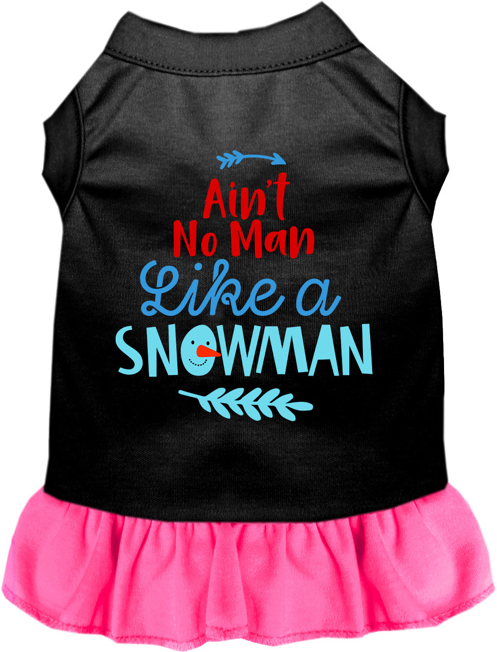Black pet dress with pink skirt and snowman design