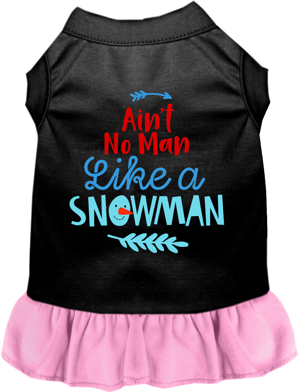 Black pet dress with light pink skirt and snowman design