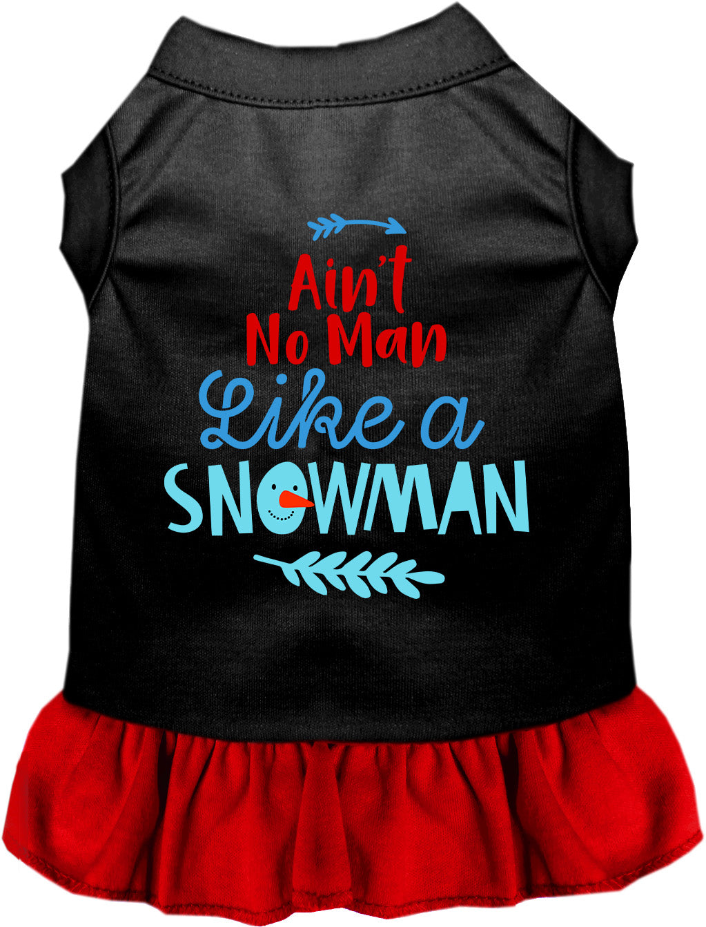 Black pet dress with red skirt and snowman design