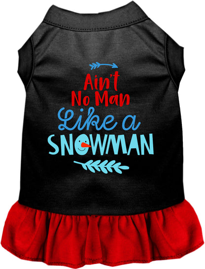 Black pet dress with red skirt and snowman design