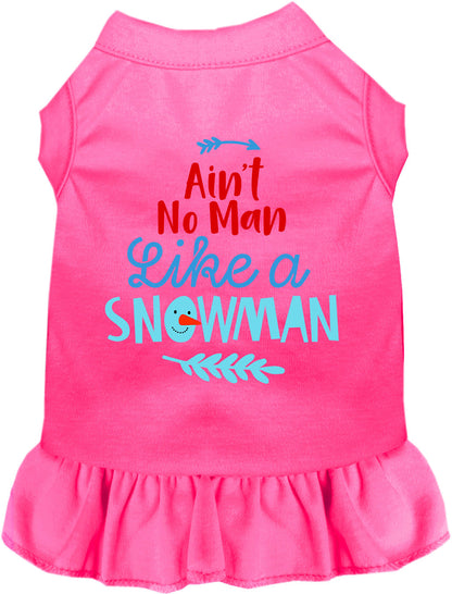 Pink pet dress with 'Ain't No Man Like a Snowman' design