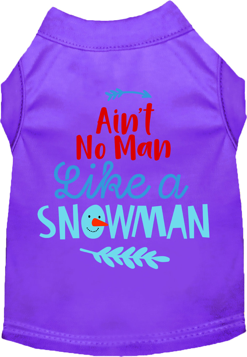 Purple pet shirt with 'Ain't No Man Like a Snowman' design