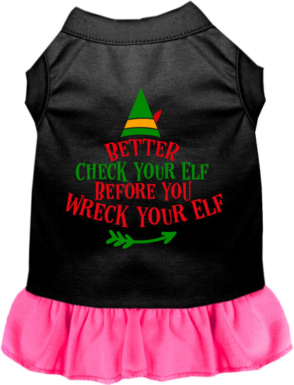 Black pet dress with pink skirt, 'Check Your Elf' design