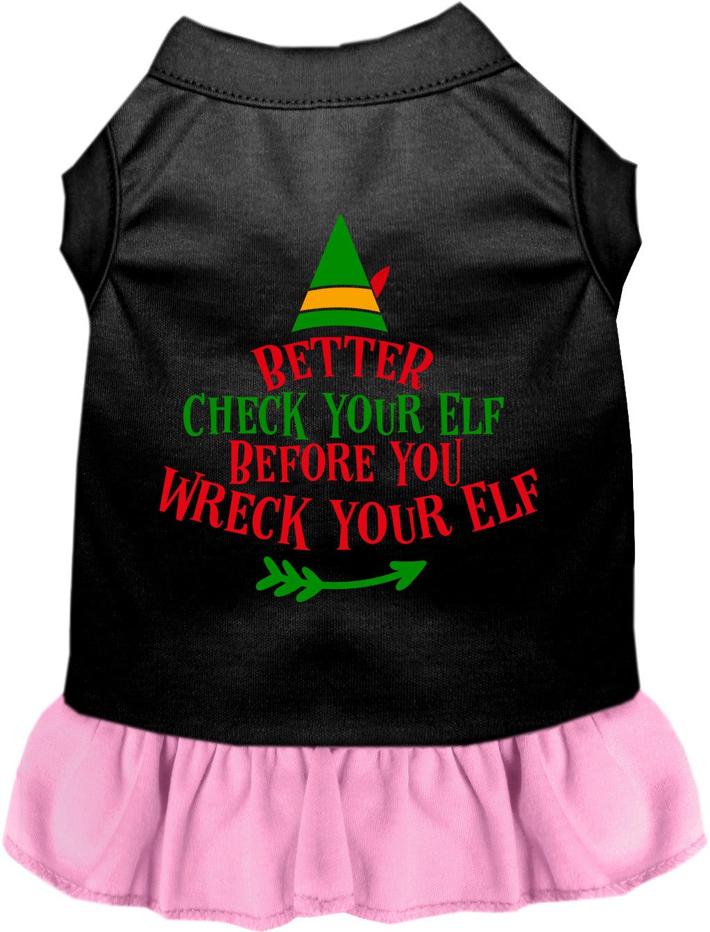 Black pet dress with light pink skirt, 'Check Your Elf' design
