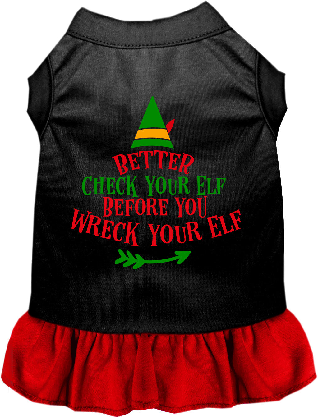 Black pet dress with red skirt, 'Check Your Elf' design