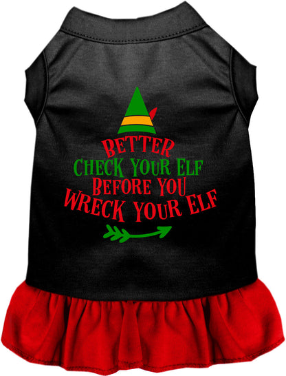 Black pet dress with red skirt, 'Check Your Elf' design