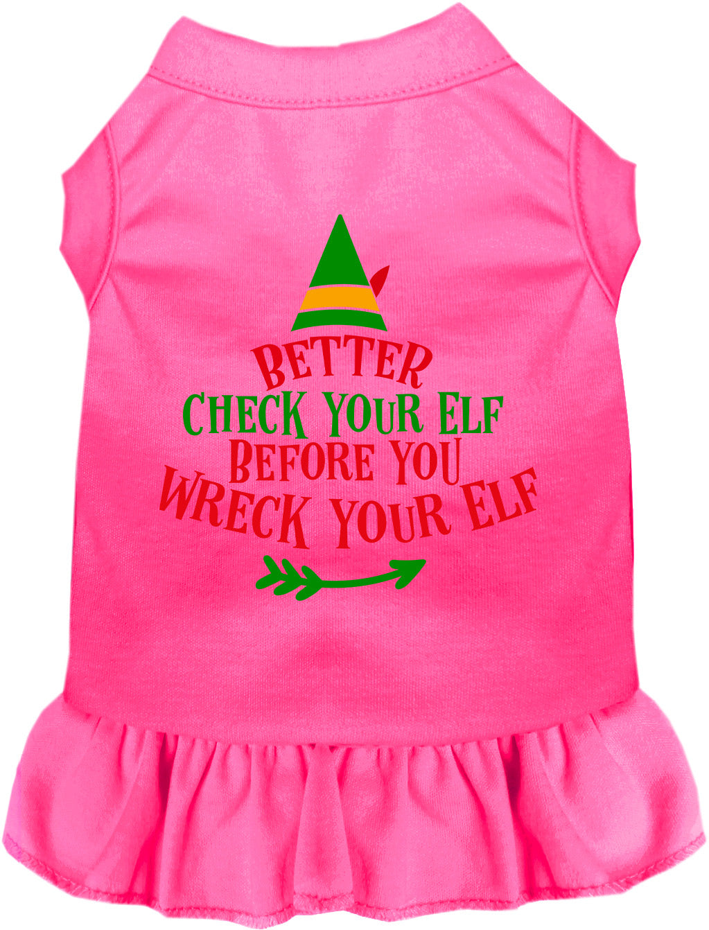 Pink pet dress with 'Check Your Elf' design