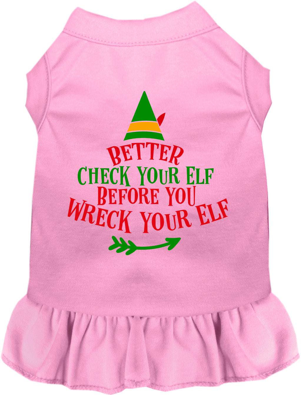 Light pink pet dress with 'Check Your Elf' design