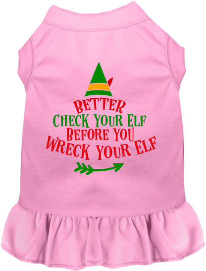 Light pink pet dress with 'Check Your Elf' design
