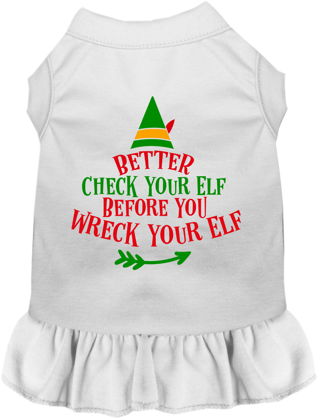 White pet dress with 'Check Your Elf' design