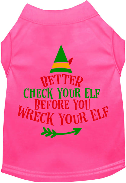 Pink Check Your Elf pet shirt with festive design