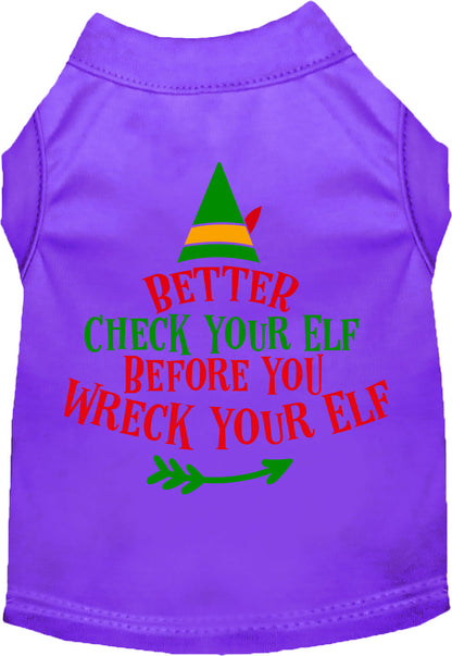Purple Check Your Elf pet shirt with festive design
