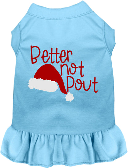 Blue Better Not Pout pet dress with Santa hat design