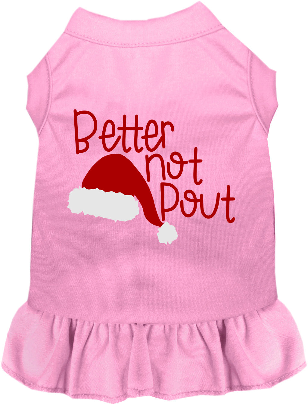 Light pink Better Not Pout pet dress with Santa hat design