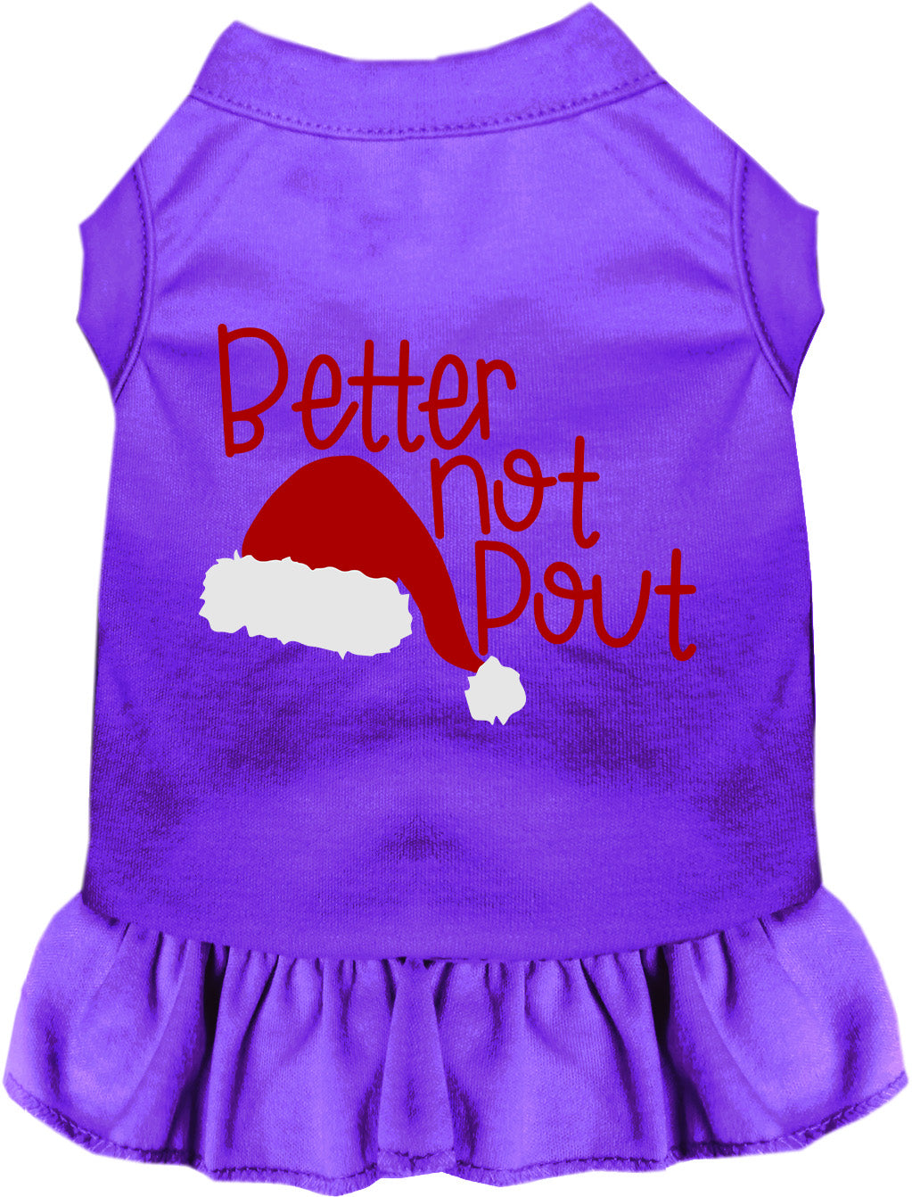 Purple Better Not Pout pet dress with Santa hat design