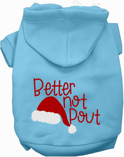 Light blue Better Not Pout pet hoodie with Santa hat design