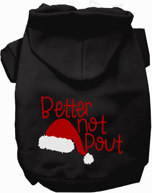 Black Better Not Pout pet hoodie with Santa hat design