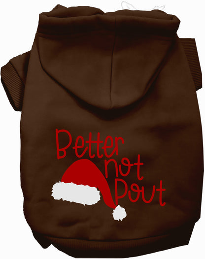 Brown Better Not Pout pet hoodie with Santa hat design