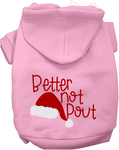Light pink Better Not Pout pet hoodie with Santa hat design