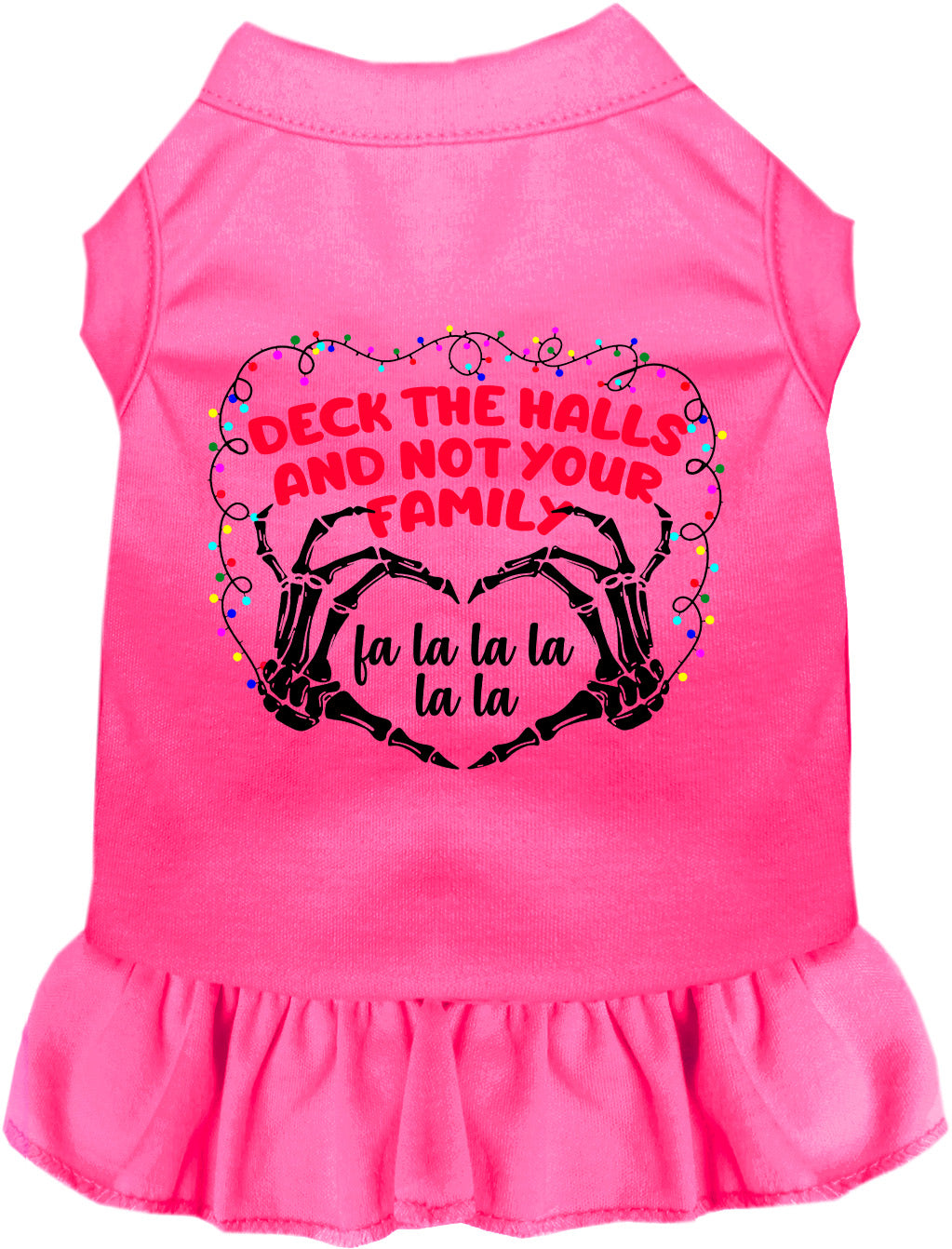 Pink pet dress with 'Deck the Halls' festive design