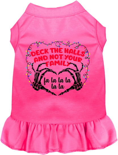 Pink pet dress with 'Deck the Halls' festive design