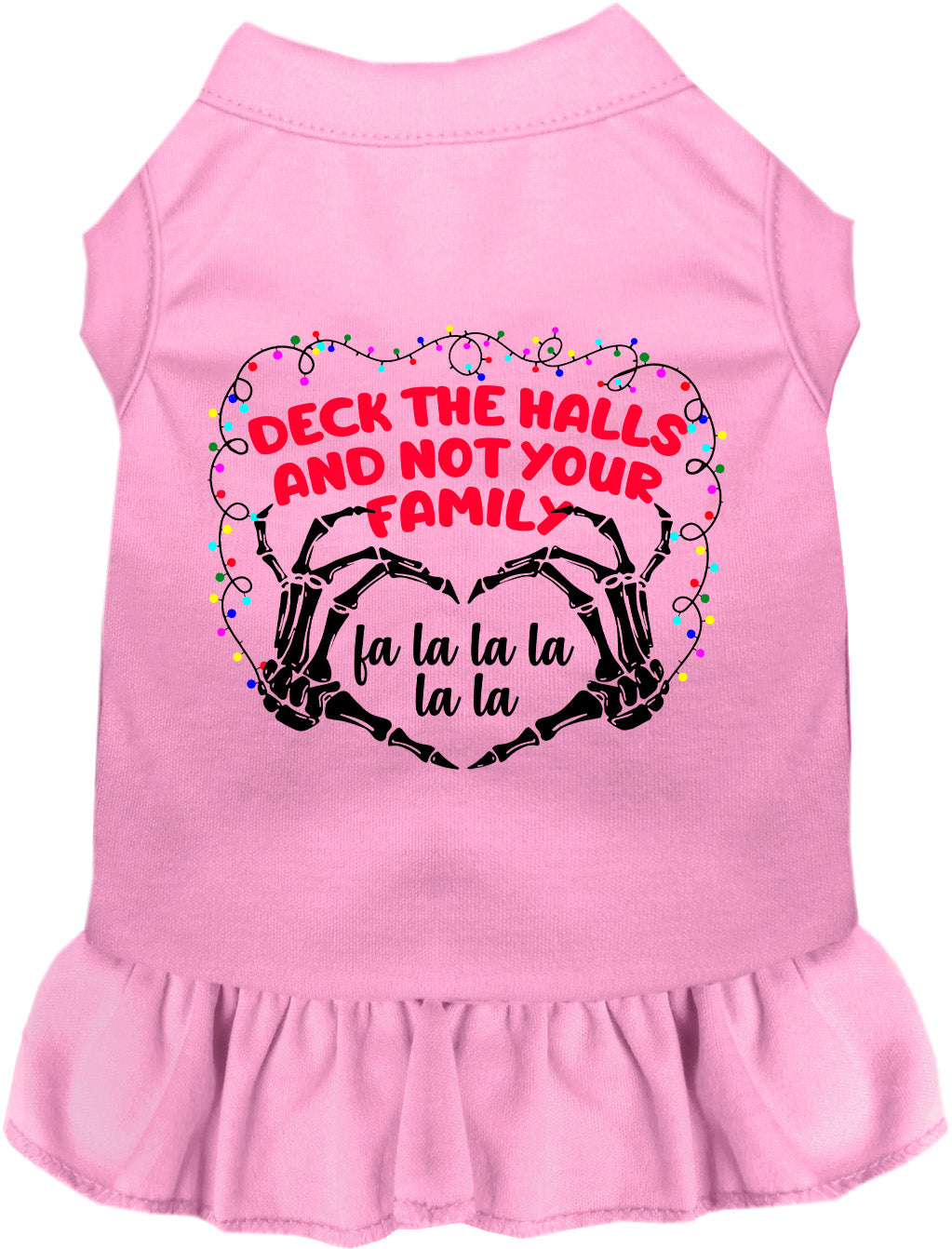 Light pink pet dress with 'Deck the Halls' festive design