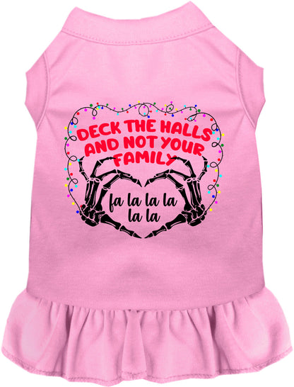 Light pink pet dress with 'Deck the Halls' festive design
