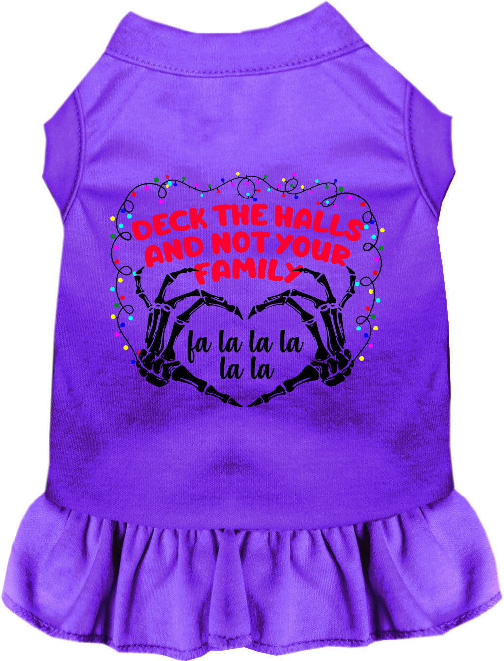 Purple pet dress with 'Deck the Halls' festive design