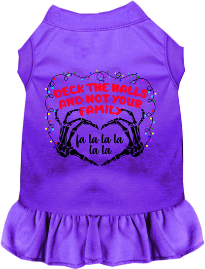 Purple pet dress with 'Deck the Halls' festive design