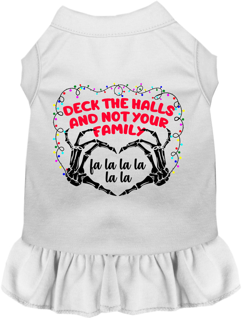 White pet dress with 'Deck the Halls' festive design