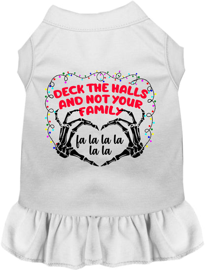 White pet dress with 'Deck the Halls' festive design
