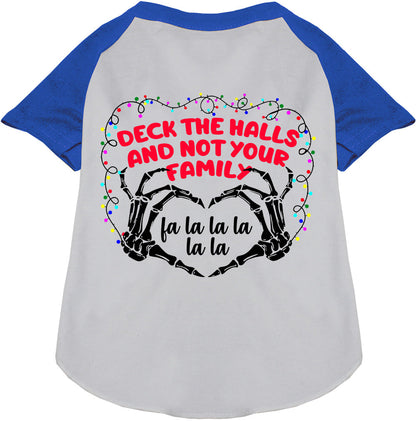 Blue and white pet raglan shirt with Christmas theme