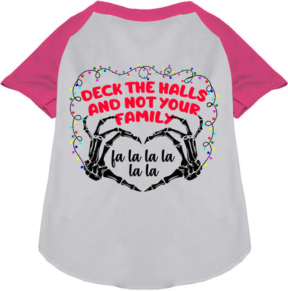 Pink and white pet raglan shirt with festive print