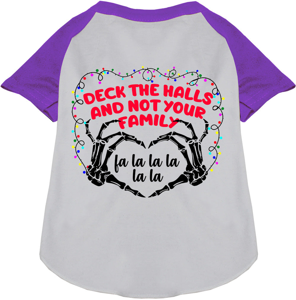 Purple and white pet raglan shirt with festive message