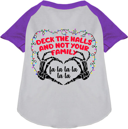 Purple and white pet raglan shirt with festive message