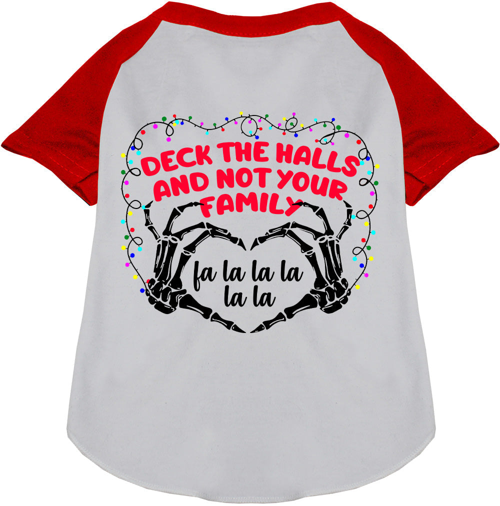 Red and white pet raglan shirt with festive message