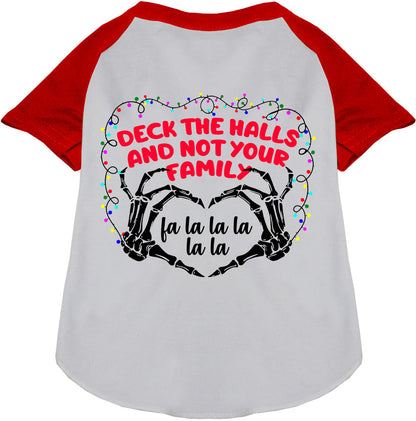 Red and white pet raglan shirt with festive message
