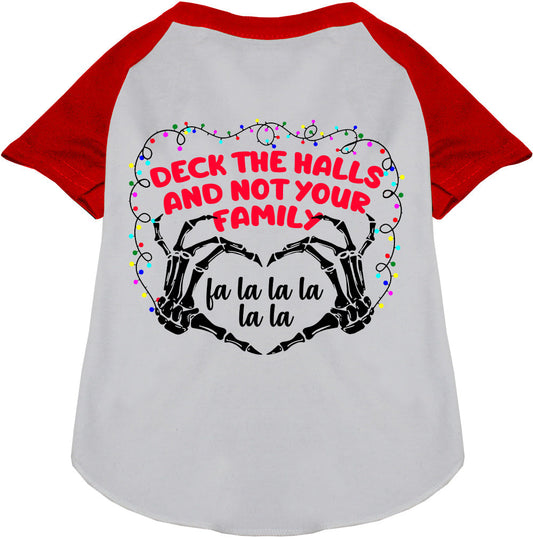 Red and white pet raglan shirt with festive message
