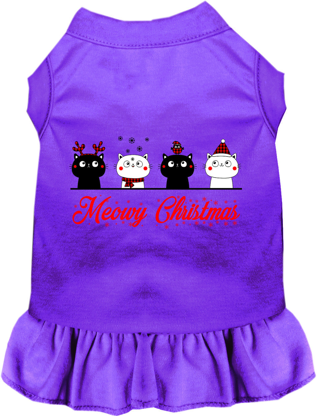 Purple Meowy Christmas pet dress with charming cat print