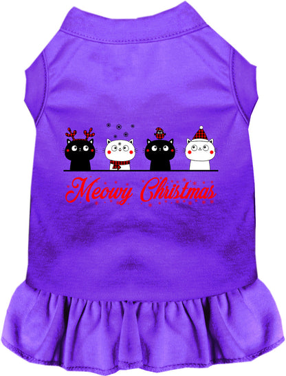 Purple Meowy Christmas pet dress with charming cat print