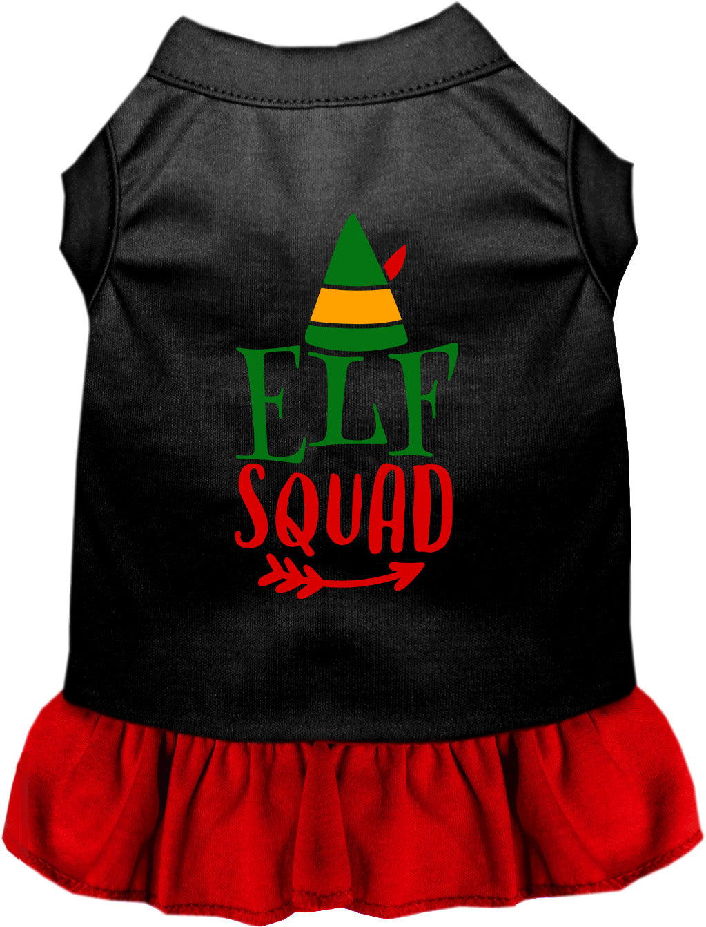 Black and red Elf Squad pet dress with festive design