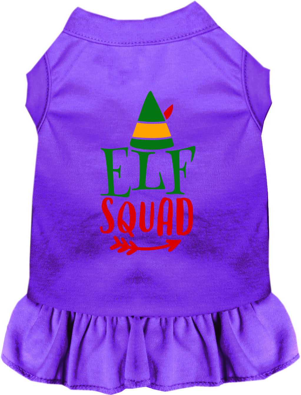 Purple Elf Squad pet dress with festive design