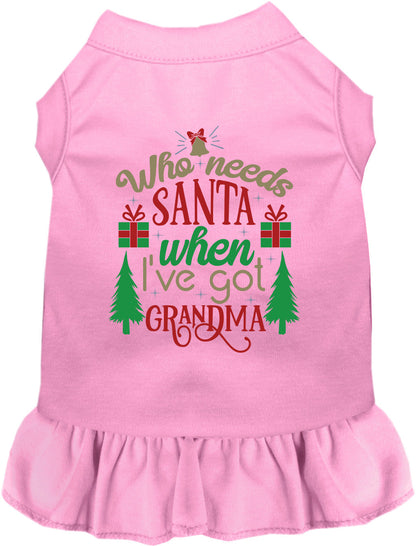 Light pink pet dress with 'Who needs Santa when I've got Grandma' design
