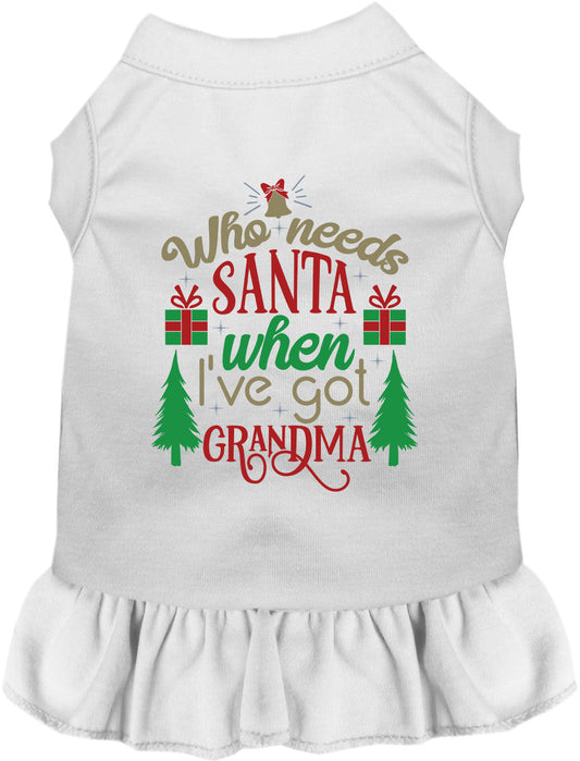 White pet dress with 'Who needs Santa when I've got Grandma' design