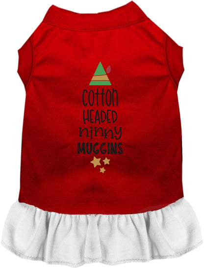 Red and white Cotton Headed Ninny Muggins pet dress with ruffle skirt