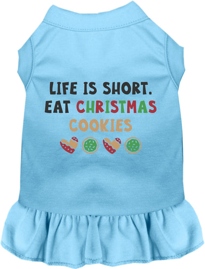Blue pet dress with 'Eat Christmas Cookies' design