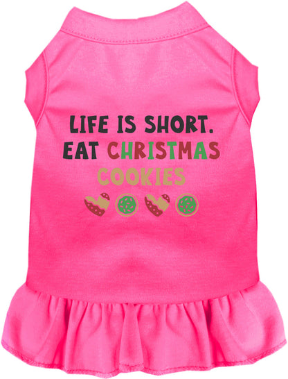 Pink pet dress with 'Eat Christmas Cookies' design